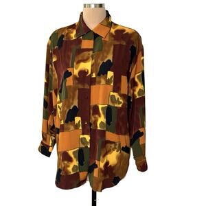 Le Caviar Blouse Womens Medium Collared Button Up Top Brown Green Abstract 90s